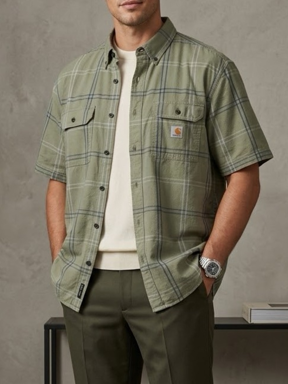 Carhartt Mens 2XL Tall Loose Fit Plaid Short Sleeve Button Down Shirt TW4625-M